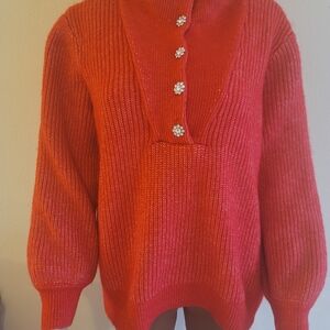 crown & ivy Red Cowl Neck Sweater with Floral Buttons